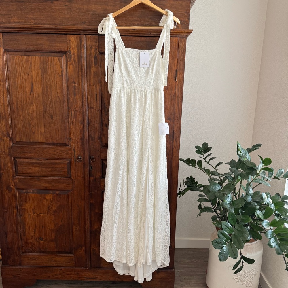 Lulus Radiant Romance White Lace Tie-Strap Maxi Dress New With Tags Small